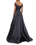 Off-the-Shoulder Pleated Ball Gown, Black