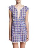 Mosaic-Print Pompom Coverup Mini Dress, Blue Multicolor