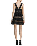 Sleeveless Tiered Lace-Front Dress, Black