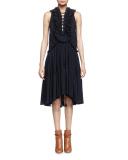 Embroidered Tiered Ruffled Dress, Navy