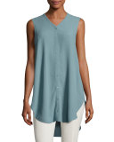 Sleeveless Silk Crepe Boyfriend Top, Blue Steel