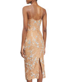 Crystal-Encrusted Floral-Lace Slip Dress, Suntan