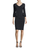 3/4-Sleeve Peplum Grommet Dress, Nero