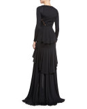 Long-Sleeve Tiered High-Slit Gown, Black