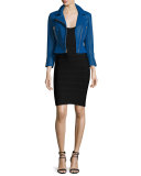 Zip-Front Leather Biker Jacket, Blue Sapphire