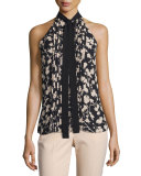 Halter-Neck Blossom-Print Blouse, Black/Nude