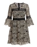 3/4-Sleeve Embroidered Floral Mini Dress, Cream/Black