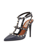 Pebbled Leather Rockstud Sandal, Deep Denim