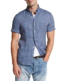 Striped Short-Sleeve Leisure Sport Shirt, Indigo