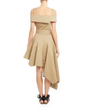 Off-the-Shoulder Belted Asymmetric Dress, Khaki