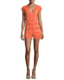 Antoinette Cap-Sleeve Lace Romper, Hot Orange