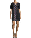 Short-Sleeve Embroidered Shift Dress