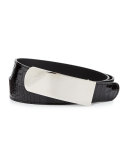 Men's Croc-Embossed Plaque Belt, Black/Silver