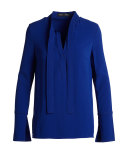 Long-Sleeve Tie-Neck Tunic, Cobalt
