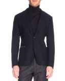 Knit Blazer with Leather Trim, Navy
