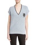 Cap-Sleeve V-Neck Pullover Sweater, Light Blue