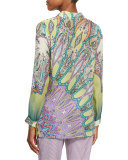 Long-Sleeve Printed Silk Tunic, Green/Lilac
