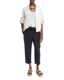 Wide-Pinstripe Belted Ankle Pants, Dark Blue