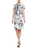 Short-Sleeve Printed Dress w/ Pleated Neck