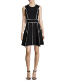 Contrast-Seam Fit-and-Flare Dress, Black/Ivory