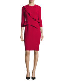 3/4-Sleeve Crepe Ruffle-Trim Sheath Dress, Red