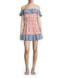 Taylor Off-The-Shoulder Mixed-Print Dress, Cobalt/Rust