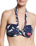 Flower Festival Bandeau Swim Top, Blue Pattern