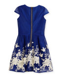 Cap-Sleeve Pleated Floral Mesh Dress, Blue, Size 8-16