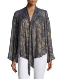 Lindsey Metallic Floral-Print Georgette Blouse, Grayish Blue