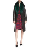 Valinda Leather Trench Coat w/Fur Collar, Black