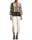 Aubrianna 3/4-Sleeve Avant-Garde Striped Silk Blouse, Multi Pattern