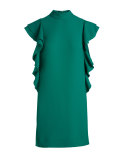 flutter-sleeve satin crepe shift dress, emerald ring