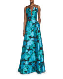 Sleeveless Mesh-Inset Ikat Gown, Green/Multi