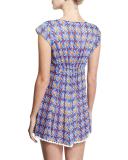 Mosaic-Print Pompom Coverup Mini Dress, Blue Multicolor