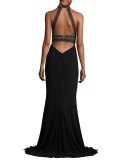 Sleeveless Crochet & Jersey Gown, Black