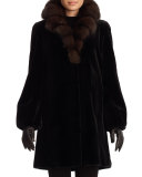 Sable-Collar Mink-Fur Stroller Coat, Black