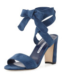 Tondala Suede Ankle-Wrap Sandal, Blue