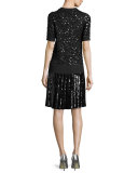 Sequined Pleated T-Shirt Dress, Black
