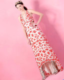 Juela Cutout High-Low Gown, Nude/Poppy