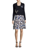 Butterfly-Appliqué Tie-Neck Cardigan, Navy