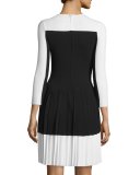 3/4-Sleeve Pleated-Skirt Dress, Black/White
