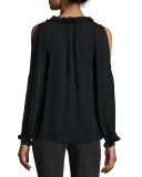 Gina Long-Sleeve Ruffled Tie-Neck Silk Blouse, Black