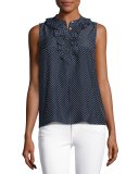 Small Ruffle Sleeveless Top, Navy Polka Dot