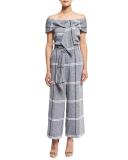 Cropped Plaid Wide-Leg Pants, Chambray