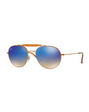 Mirrored Round Brow-Bar Sunglasses, Blue/Bronze