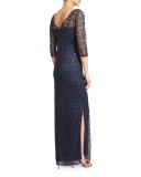 3/4-Sleeve Sequined Lace Column Gown, Navy