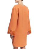 V-Neck Kimono Dress W/Fringe, Orange