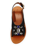 Jeweled Calf-Hair Flat Slingback Sandal, Black