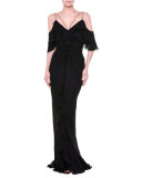Flutter-Sleeve Cold-Shoulder Gown, Black