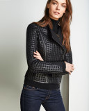 Cropped Cutout Leather Moto Jacket, Black